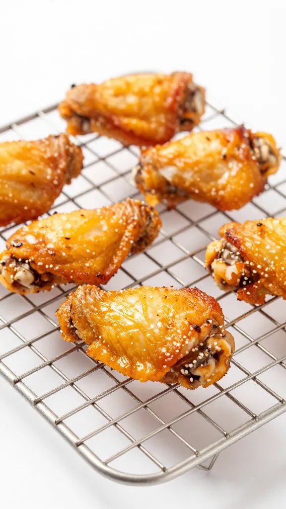 golden chicken wing on wire rack, shallow depth