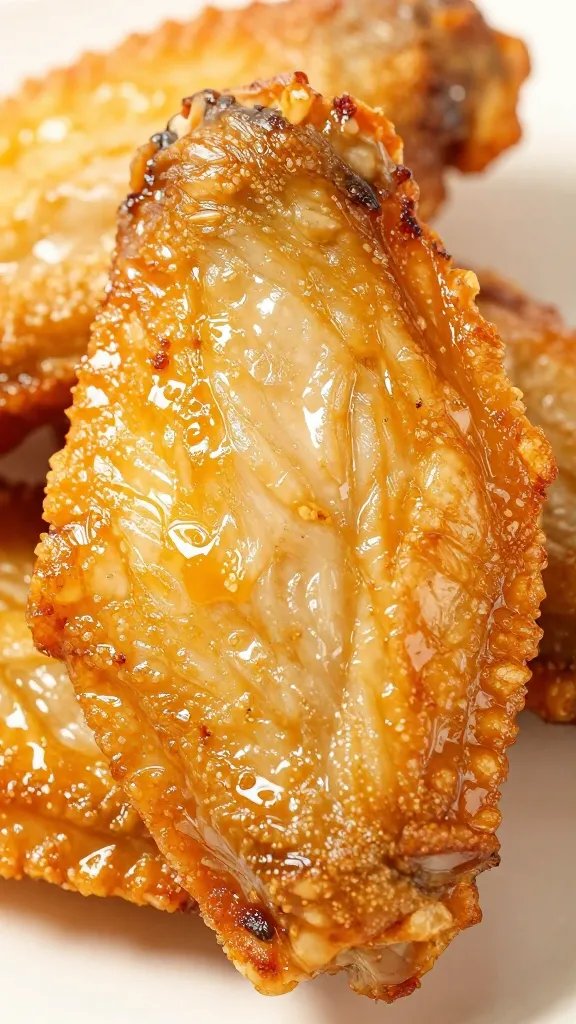crispy flat wing with visible blistered skin, macro