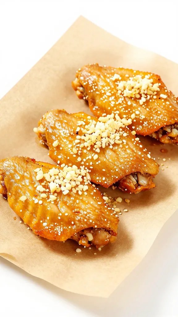 garlic-powdered chicken wing on parchment, studio light