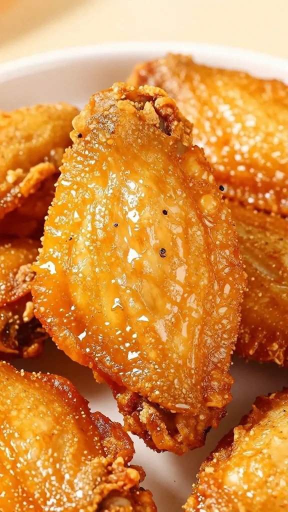 closeup of air-fried keto chicken wing, glassy crisp skin