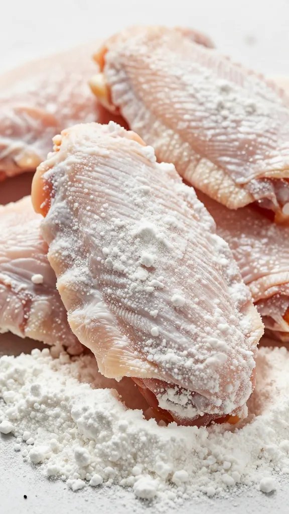 raw chicken wing dusted with baking powder, macro texture
