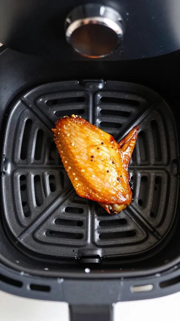 single air fryer basket holding one cooked wing, overhead