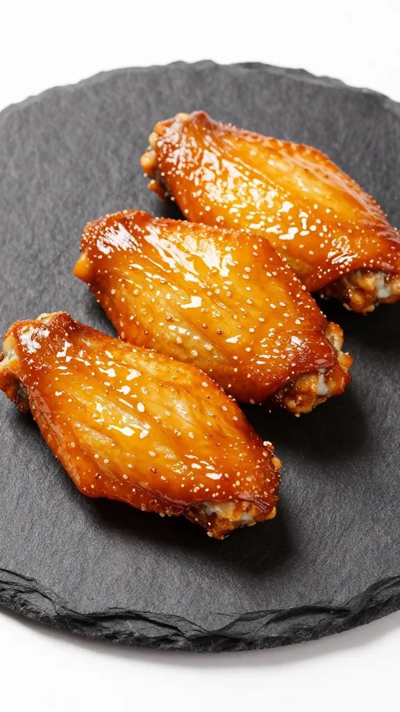 glossy buffalo-coated keto wing on black slate plate