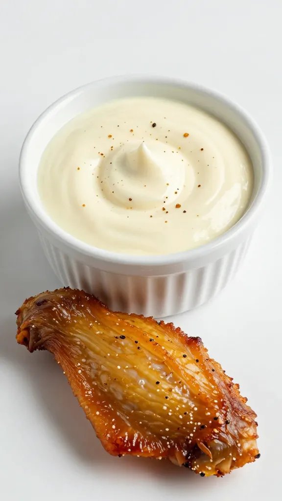 ramekin of lemon pepper sauce beside single finished wing