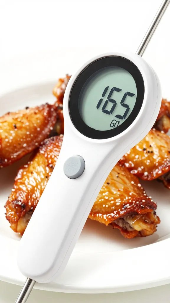 meat thermometer probe in cooked wing, 165°F display