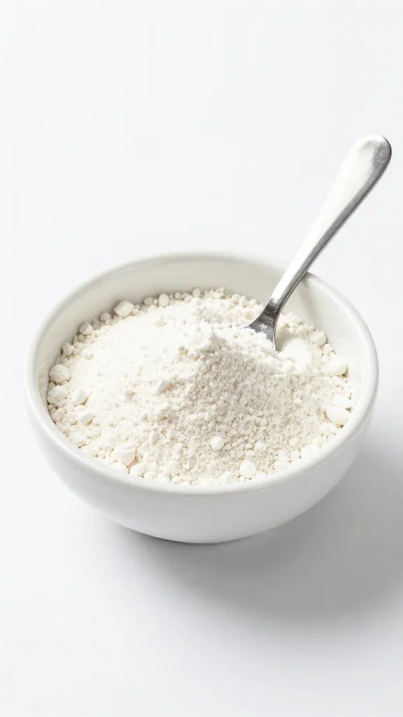 small bowl of baking powder with teaspoon, white backdrop