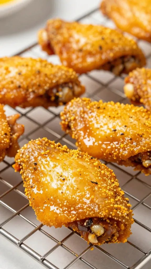 closeup of Old Bay–dusted chicken wing on wire rack