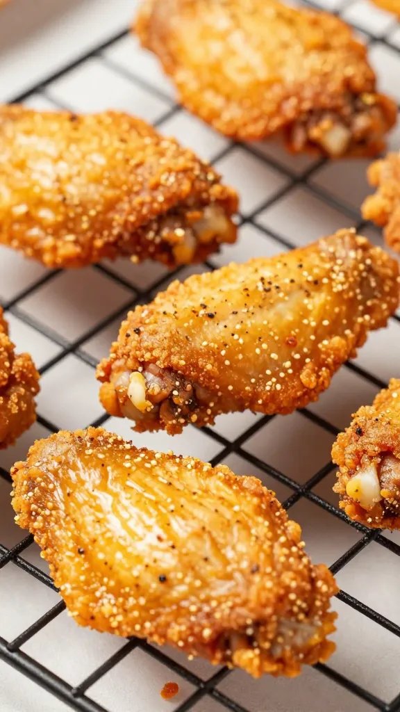 closeup of crispy ranch-seasoned chicken wing on wire rack