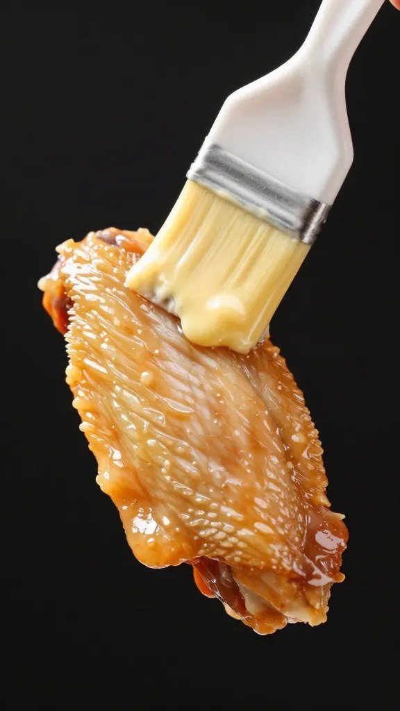 single chicken wing being brushed with melted butter glaze
