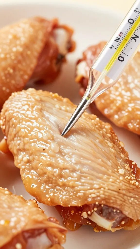 thermometer probe inserted in juicy chicken wing closeup