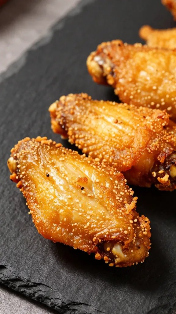 closeup of crispy air fryer chicken wing on black slate