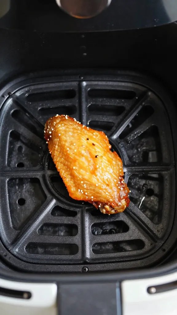 air fryer basket holding one crisp chicken wing