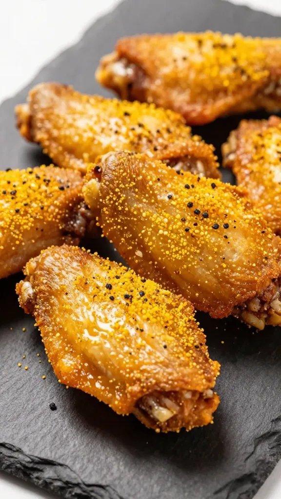 closeup of crispy lemon pepper chicken wing on slate plate