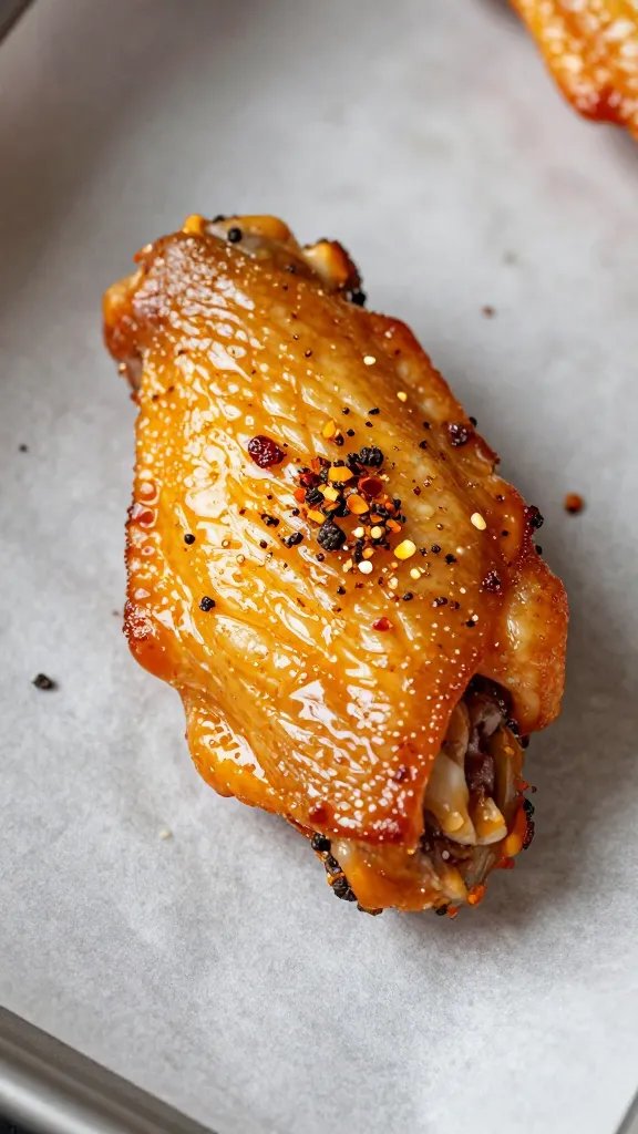 single keto chicken wing on parchment with pepper flakes