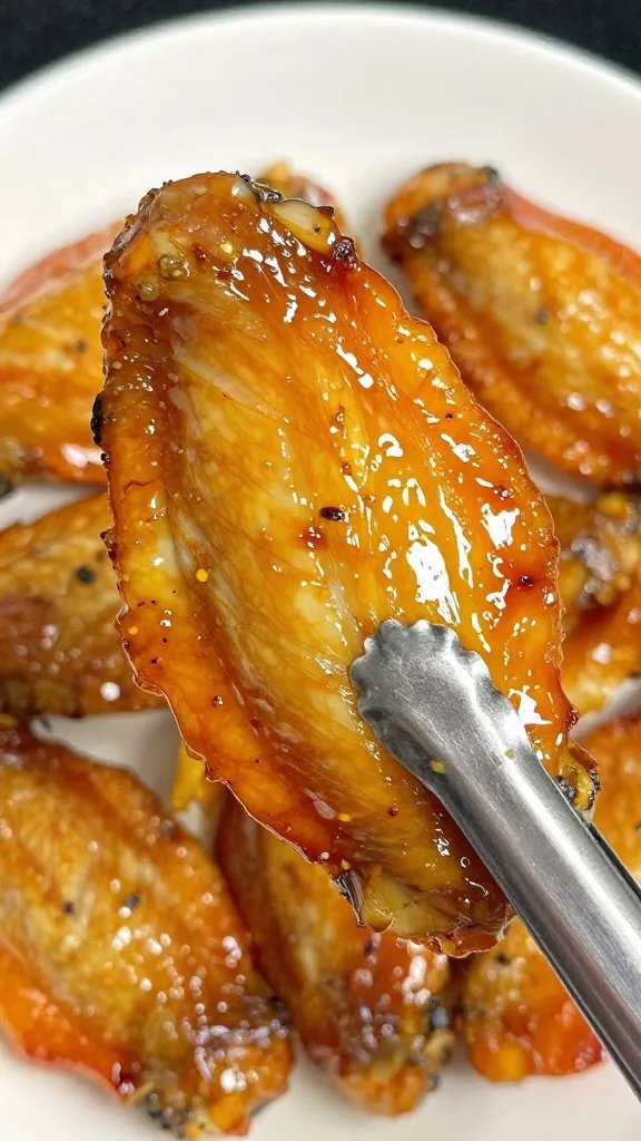 glossy lemon pepper wing held with tongs