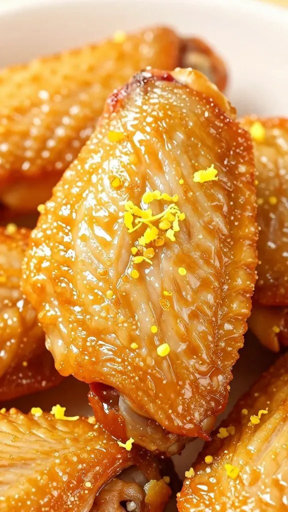 lemon zest sprinkled over one chicken wing closeup