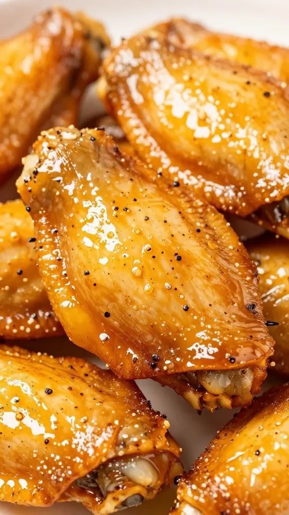 plated lemon pepper wing with light oil sheen closeup