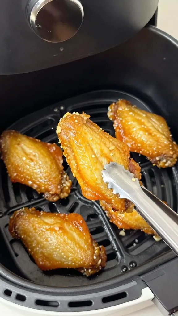 Macro shot of golden-brown chili-garlic wing skin showing crispy texture and spice coating