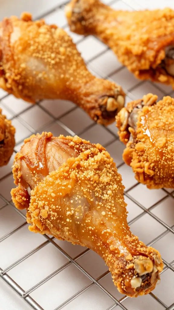 closeup of crispy air-fried chicken drumstick on wire rack