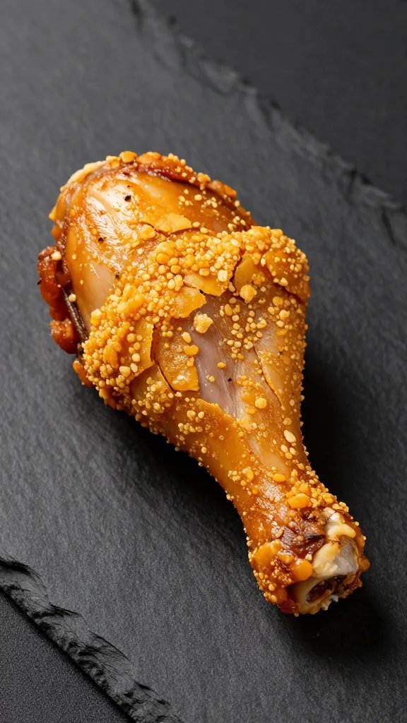 golden chicken drumstick with crackly skin on black slate