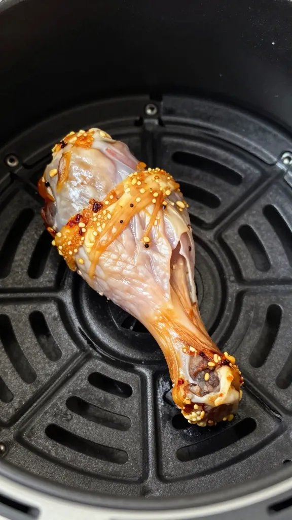 air fryer basket holding one cooked drumstick, macro texture