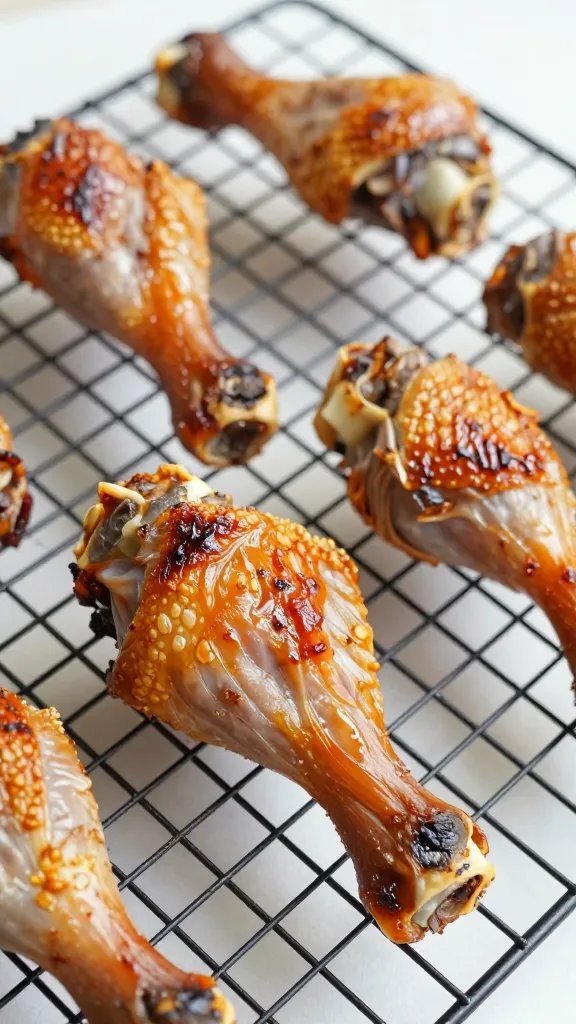 cooked drumstick on cooling rack with visible blistered skin