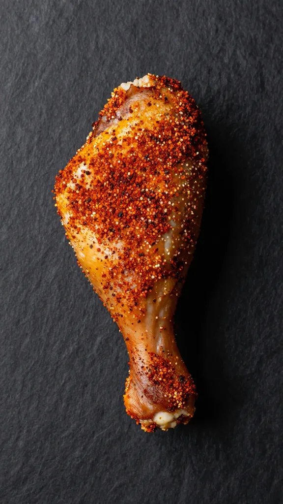 single drumstick with paprika crust on matte dark background