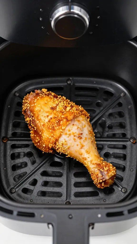 Single air fryer basket holding one crisp chicken leg