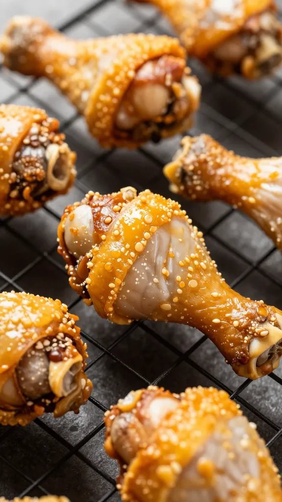 Golden chicken drumstick on wire rack, macro texture
