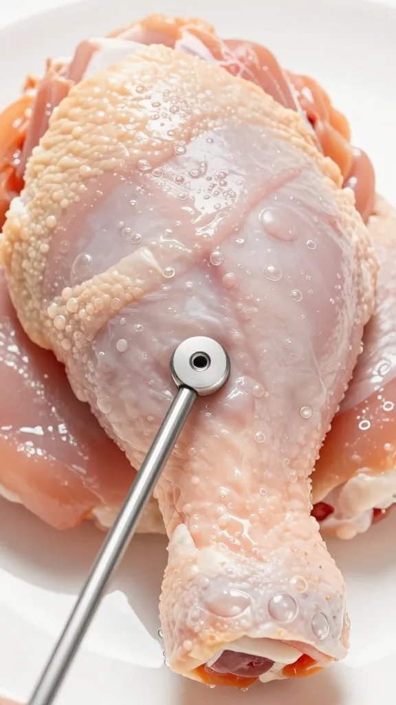 Thermometer probe in chicken thigh, glossy fat bubbles
