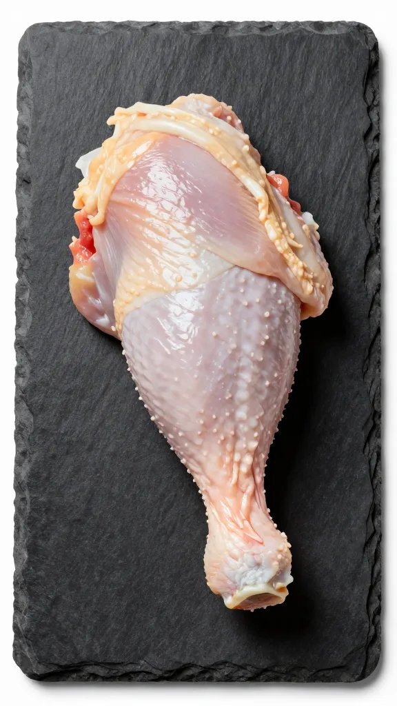 Single chicken leg on black slate, rendered fat sheen