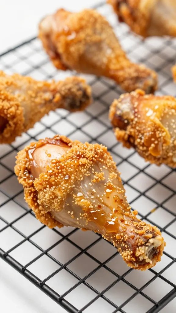 Crispy chicken leg on cooling rack, concentrated drippings