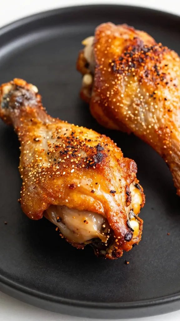 closeup crispy smoked paprika chicken thigh on black plate