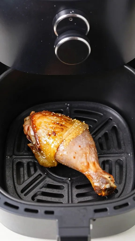 single air fryer basket with one cooked chicken thigh