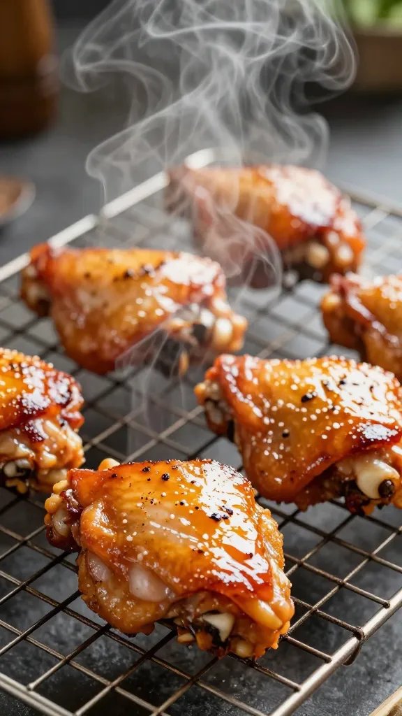 glossy seasoned chicken thigh on wire rack, steam rising