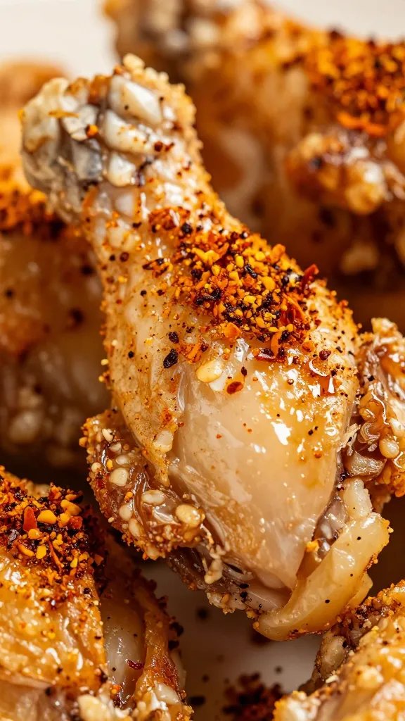 macro shot crackly chicken skin dusted with smoked paprika