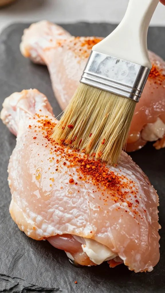 brushed oil on raw chicken thigh sprinkled with paprika