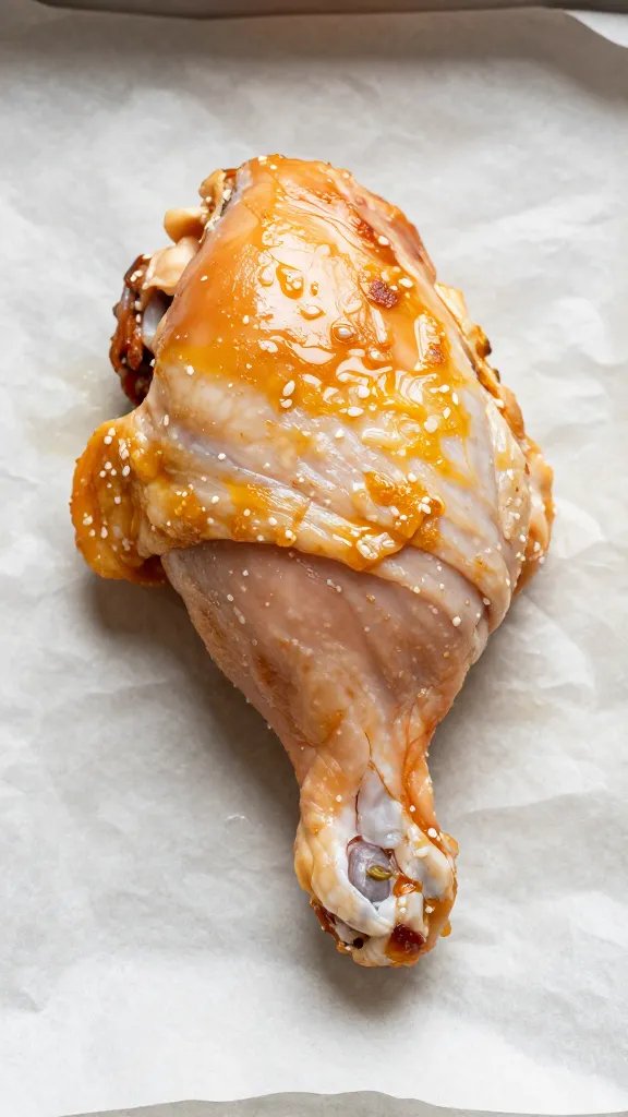 single keto chicken thigh on parchment, golden rendered fat