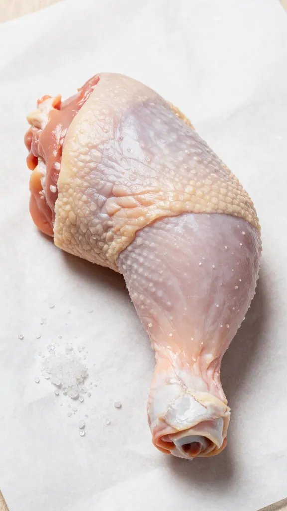 chicken thigh resting on butcher paper, coarse salt crystals