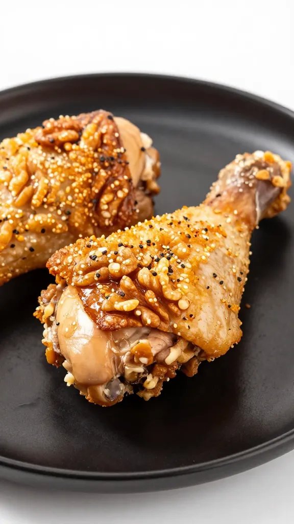 closeup walnut-crusted chicken thigh on matte black plate