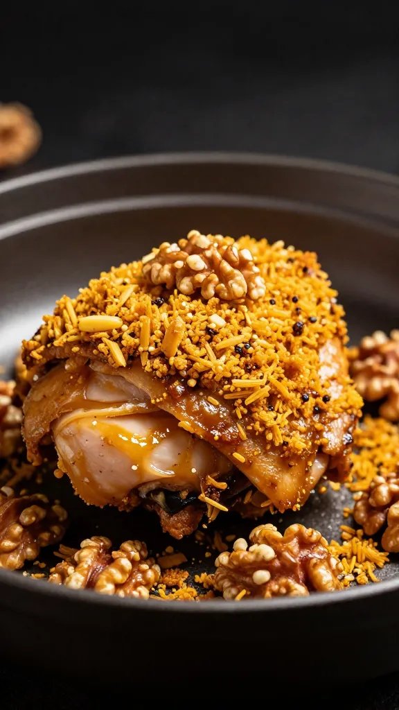 golden walnut crust on juicy chicken thigh, dramatic lighting