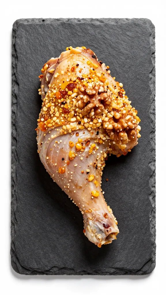 single chicken thigh with walnut-parmesan crust on slate
