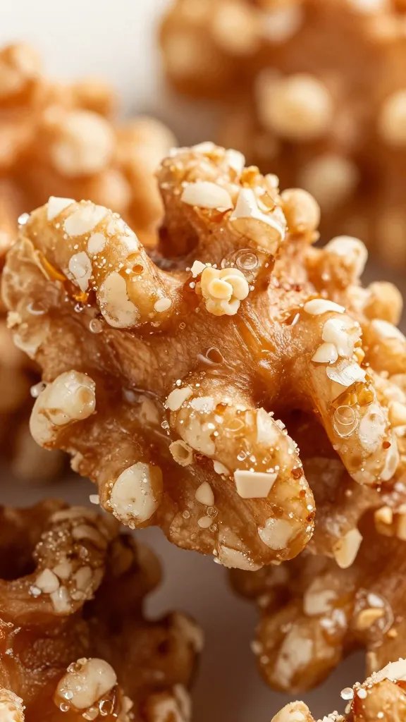 macro of crunchy walnut coating on roasted chicken skin