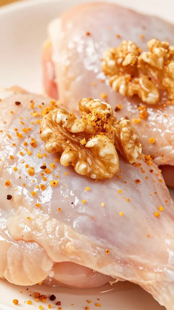 seasoned walnut crumbs adhering to raw chicken thigh closeup