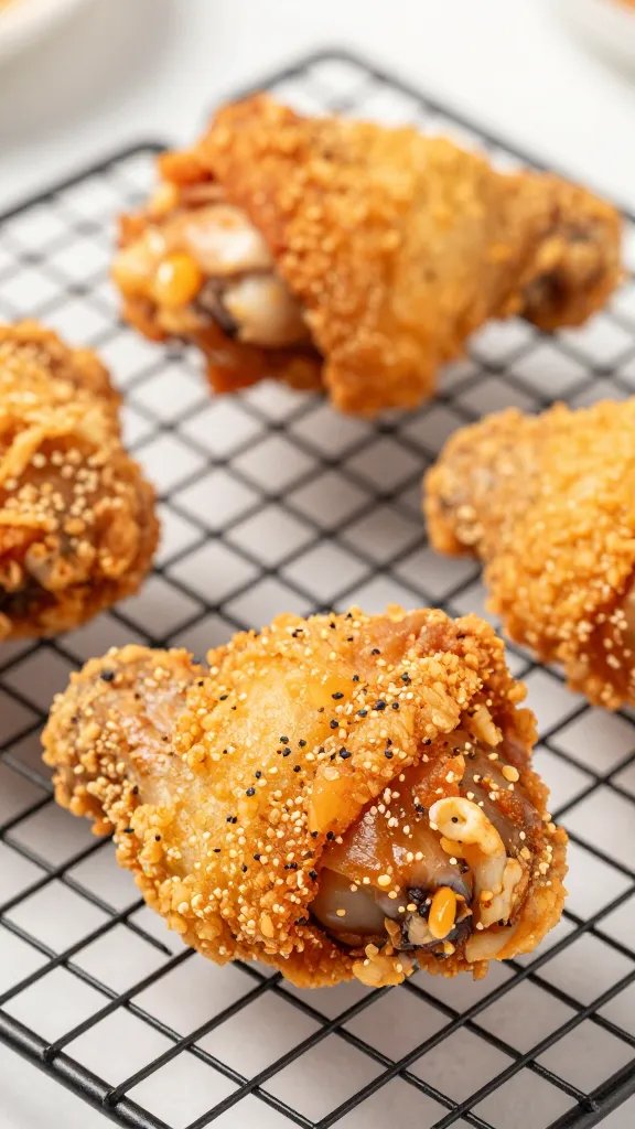 freshly air-fried chicken thigh on cooling rack closeup