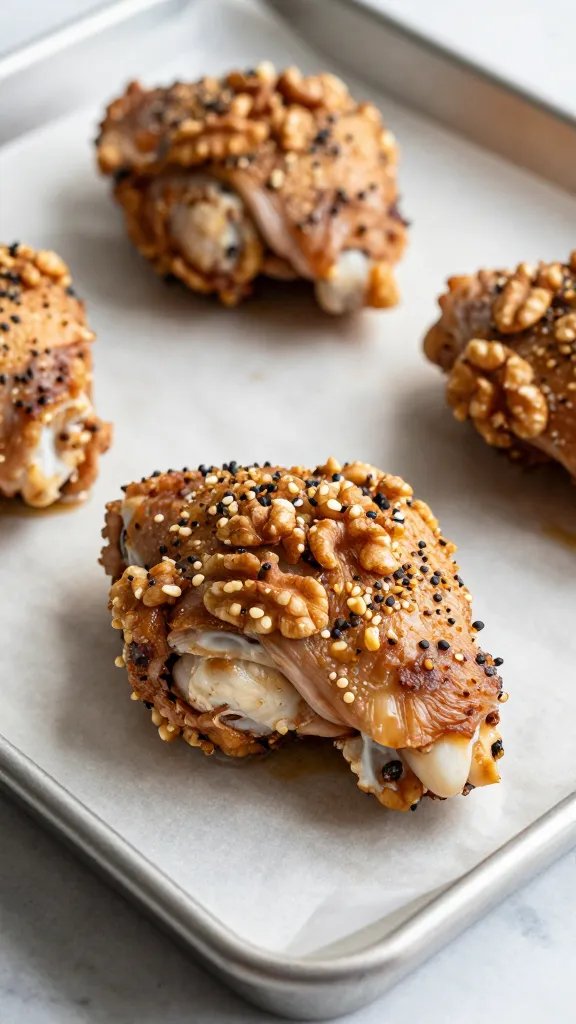 keto walnut-crusted thigh on parchment-lined baking sheet closeup