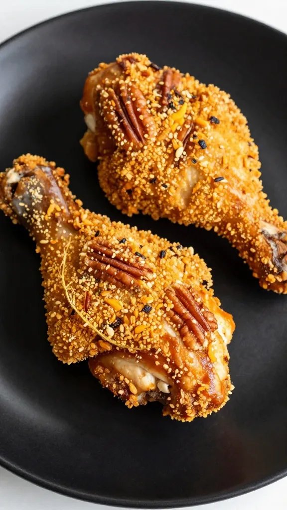 Closeup pecan-crusted chicken thigh on matte black plate