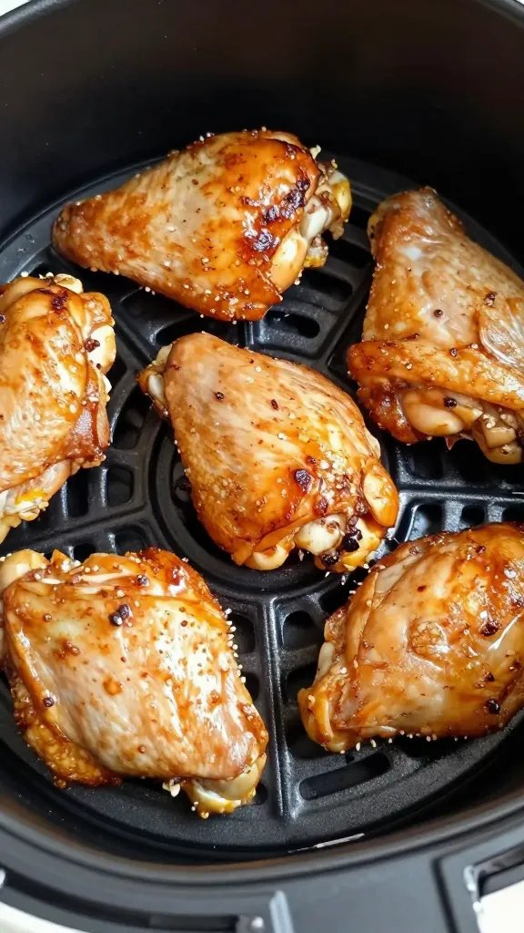 Golden keto chicken thigh in air fryer basket, closeup
