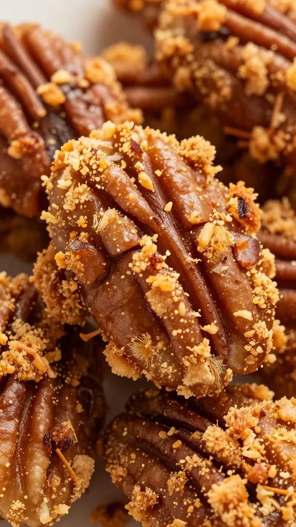 Crispy pecan crust texture on chicken thigh, macro