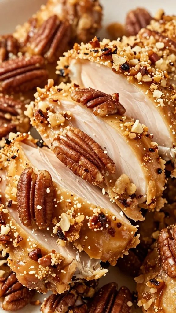 Juicy sliced chicken thigh with pecan crust, closeup
